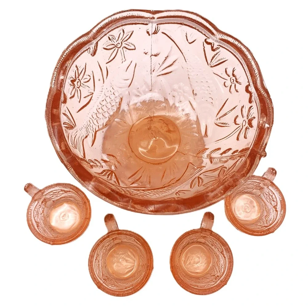 MINI Voglesong Summit Pink Glass Koi Fish Pattern Punchbowl & Cups 5 pc Set Vtg